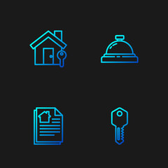 Set line House key, contract, with and Hotel service bell. Gradient color icons. Vector