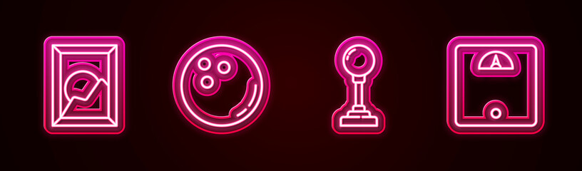 Fototapeta premium Set line Picture landscape, Bowling ball, Joystick for arcade machine and Bathroom scales. Glowing neon icon. Vector