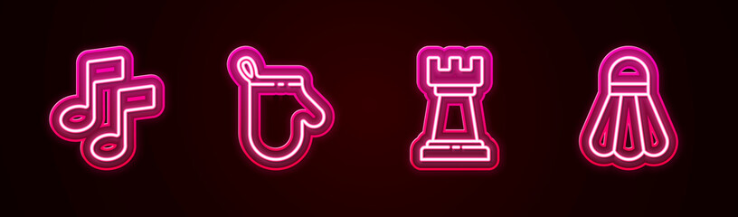 Set line Music note, tone, Oven glove, Business strategy and Badminton shuttlecock. Glowing neon icon. Vector