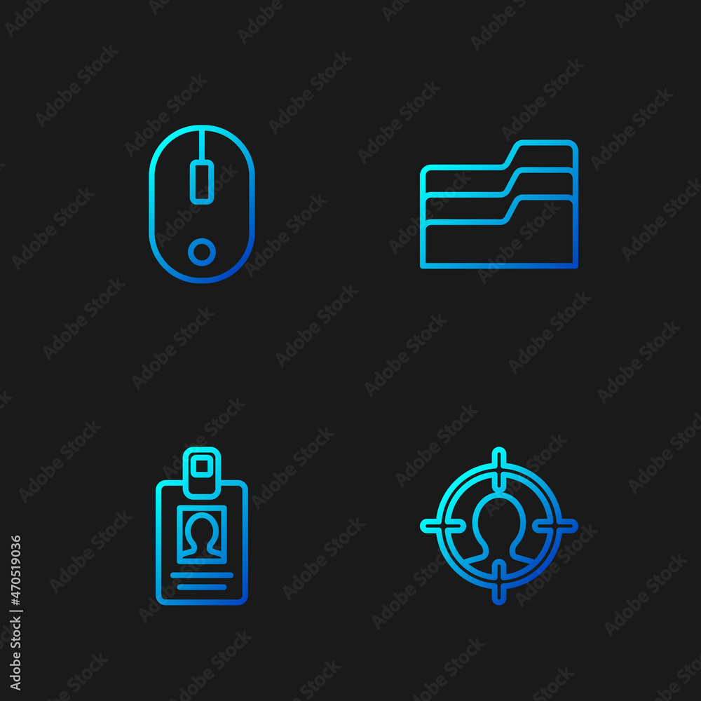 Poster set line head hunting concept, identification badge, computer mouse and document folder. gradient co