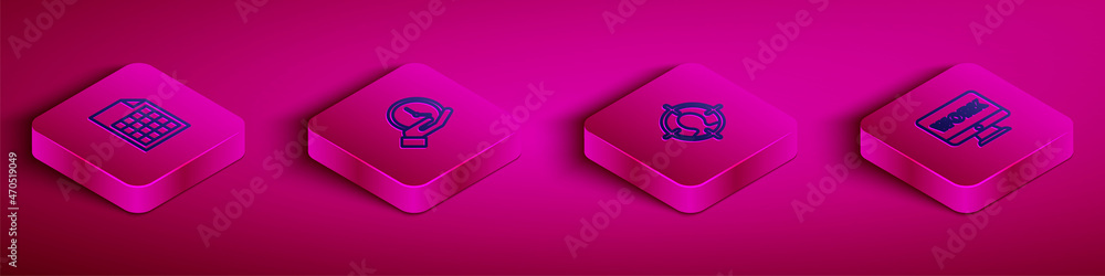 Poster set isometric line file document, clock, head hunting concept and monitor with text work icon. vecto