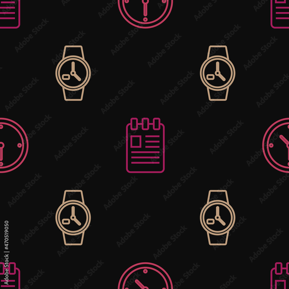 Poster set line clock, wrist watch and spiral notebook on seamless pattern. vector