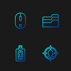 Set line Head hunting concept, Identification badge, Computer mouse and Document folder. Gradient color icons. Vector