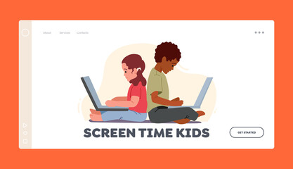 Naklejka na ściany i meble Screen Time Kids Landing Page Template. Children Using Gadgets, Boy and Girl with Laptops. Kids Remote Education