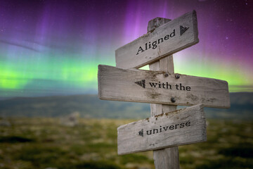aligned with the universe text quote on wooden signpost outdoors in nature with northern lights...