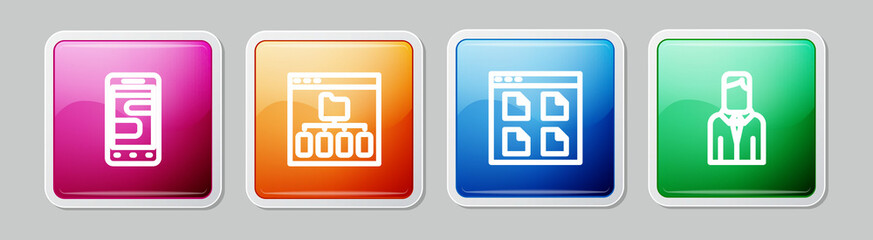 Set line Chat messages on phone, Browser files, and Worker. Colorful square button. Vector