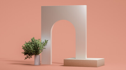 White wall with hole near plant and beige showcase on peach colored background. Empty space. Place for ad. 3D rendering.