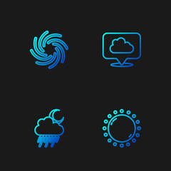 Set line Sun, Cloud with rain and moon, Tornado and Location cloud. Gradient color icons. Vector