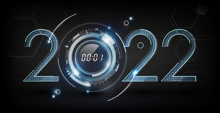 Happy New Year 2022 celebration with abstract digital clock on futuristic technology background, countdown concept, Can adjust digital number, vector illustration