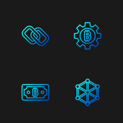 Set line Blockchain technology, Cryptocurrency bitcoin, Chain link and Bitcoin. Gradient color icons. Vector