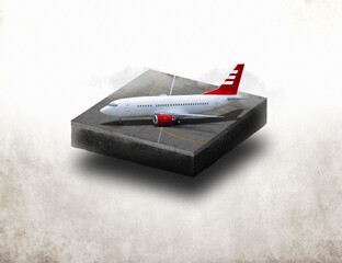 Airplane on the airport runway, cross section runway strip. 3D illustration isolated on light background - 470520248