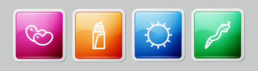 Set line Beans, Burrito, Sun and Snake. Colorful square button. Vector
