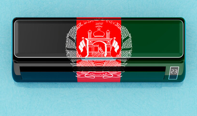 Air conditioner with Afghan flag on the wall. House climate control system in Afghanistan. 3D rendering