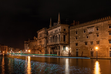 View on Canal Grande at Night, Boats passing by, Venice - obrazy, fototapety, plakaty