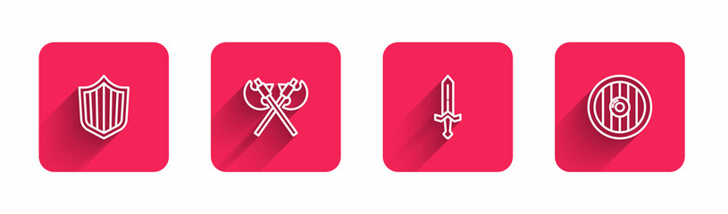 Obraz premium Set line Shield, Crossed medieval axes, Medieval sword and Round wooden shield with long shadow. Red square button. Vector
