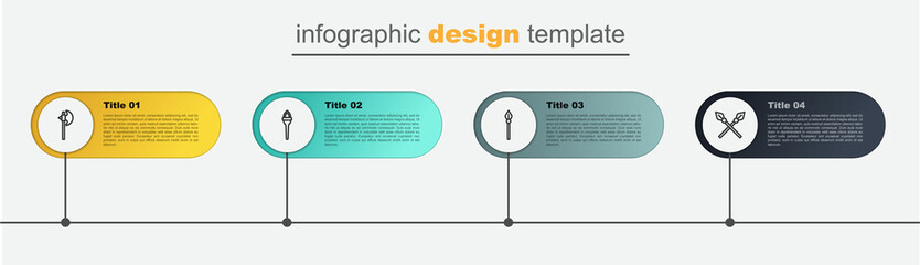 Set line Crossed medieval spears, Medieval, Torch flame and axe. Business infographic template. Vector