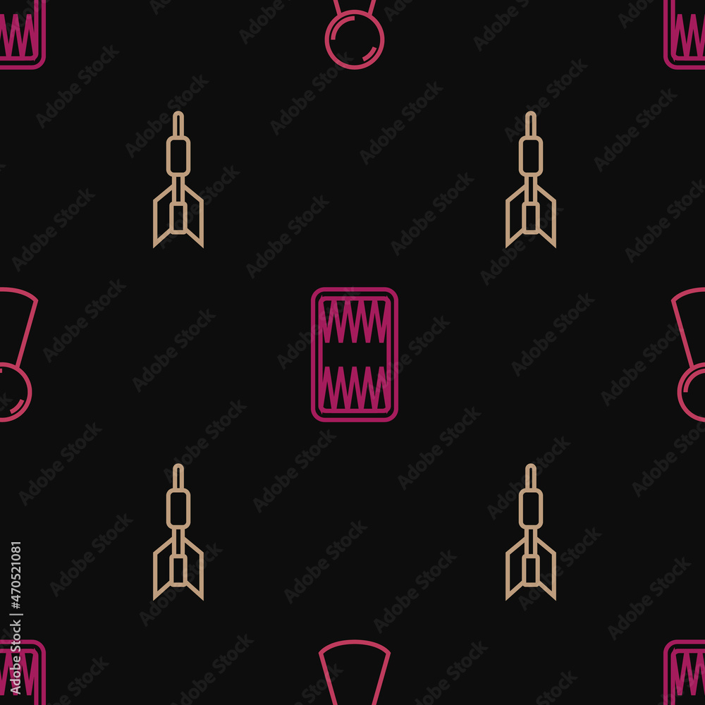 Poster set line chip for board game, dart arrow and backgammon on seamless pattern. vector