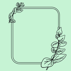 Eegant rectangular frame with eucalyptus for greeting cards, invitations and covers. Vector isolated illustration in black and white.