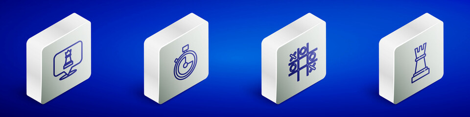 Set Isometric line Chess, Stopwatch, Tic tac toe game and icon. Vector