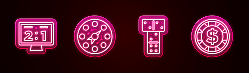 Set line Sport mechanical scoreboard, Twister game, Domino and Casino chip with dollar. Glowing neon icon. Vector