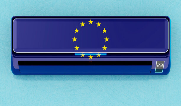 Air Conditioner With The EU Flag On The Wall. House Climate Control System In The European Union. 3D Rendering