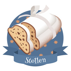 Stollen cake with raisins. Colorful vector illustrationvector illustration.