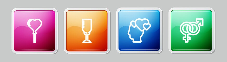 Set line Balloons in form of heart, Glass champagne, Head with and Gender. Colorful square button. Vector