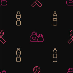 Set line Medal, Bottle of water and Kettlebell on seamless pattern. Vector