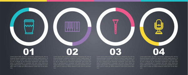 Set line Drum, Grand piano, Clarinet and Microphone. Business infographic template. Vector
