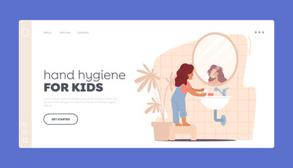 Hand Hygiene for Kids Landing Page Template. Kids Character Morning or Evening Routine. Little Girl Washing Hands
