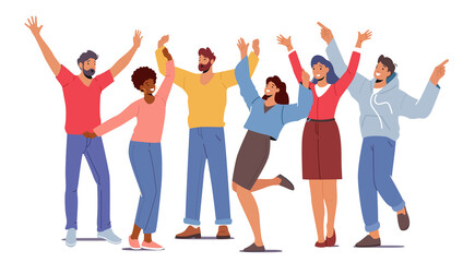Fototapeta premium Multinational Happy People Raising and Waving Hands, Young Male and Female Characters in Casual Clothes Gesturing