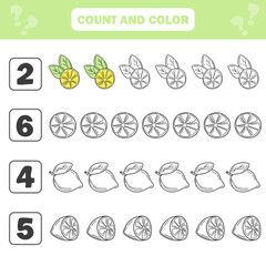 Count and color game for preschool children - Lemons. Worksheet for the development of mathematical abilities. Coloring book for kids
