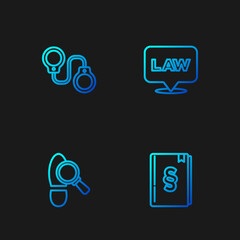 Set line Law book, Footsteps, Handcuffs and Location law. Gradient color icons. Vector