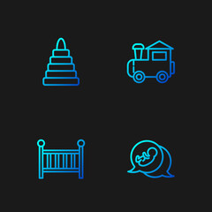 Set line Baby, crib cradle, Pyramid toy and Toy train. Gradient color icons. Vector