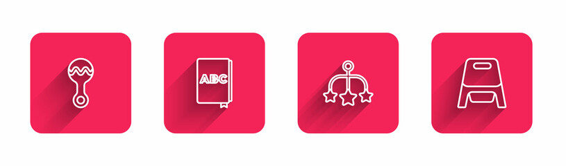 Set line Rattle baby toy, ABC book, Baby crib hanging toys and potty with long shadow. Red square button. Vector