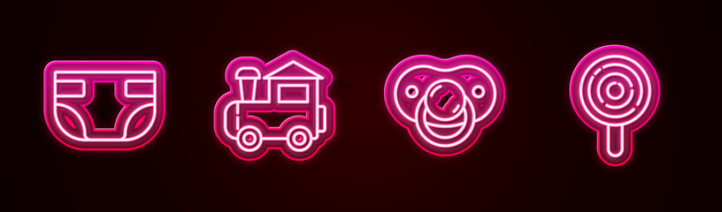Set line Baby absorbent diaper, Toy train, dummy pacifier and Lollipop. Glowing neon icon. Vector