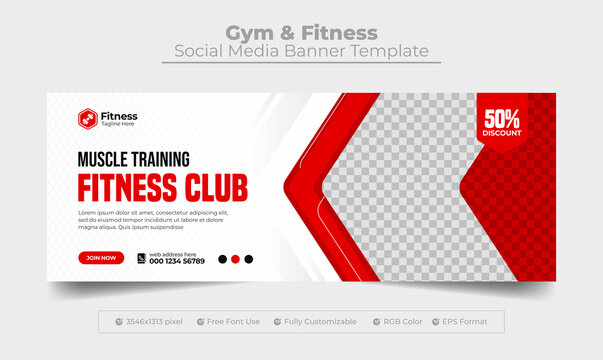 Fitness and gym club facebook cover photo and web banner template for bodybuilding service business