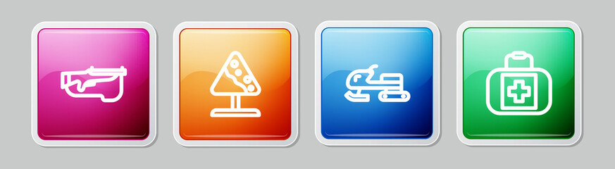 Set line Biathlon rifle, Road sign avalanches, Snowmobile and First aid kit. Colorful square button. Vector