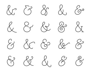 Set of elegant ampersand symbols. And sign collection. Outline hand drawn ampersand icon for invitations and letters. Editable stroke.