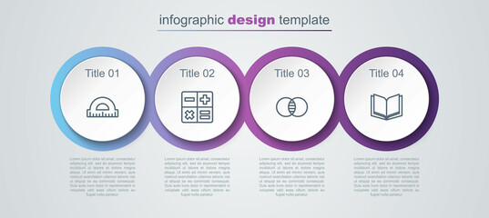 Set line Protractor, Calculator, Mathematics sets A and B and Open book. Business infographic template. Vector