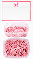 Mouse poison in a plastic container. Card with a skull with a space for an inscription with a...