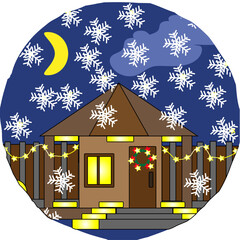 coloring,cozy house,beautiful house,house with window,fence,street lamps,street light for the house,door,square,one-story,sky,grass,sun,moon,stars,evening sky,evening,morning,day,snowflakes,garlands,f