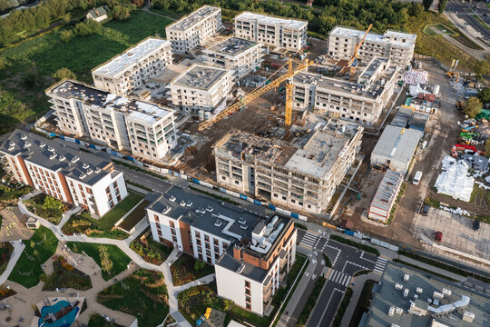 Drone photo of building site in of new apartments in Siekierki, Mokotow district of Warsaw, Poland