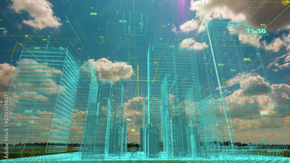 Poster abstract hologram 3d rendering of a city with a futuristic matrix. digital buildings with a network 