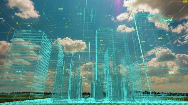 abstract hologram 3D rendering of a city with a futuristic matrix. Digital buildings with a network of binary code particles on the background of a natural landscape of a time lapse, the concept of