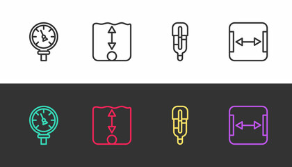 Set line Pressure water meter, Depth measurement, Medical thermometer and Area on black and white. Vector