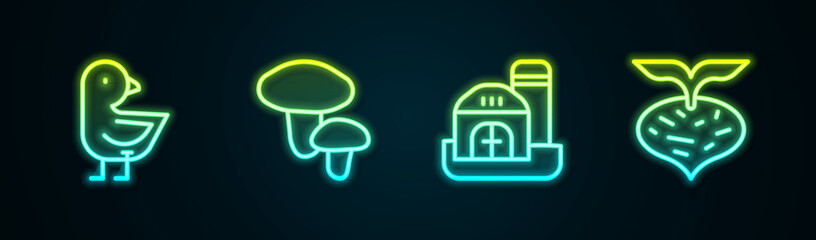 Set line Little chick, Mushroom, Farm house and Beet. Glowing neon icon. Vector