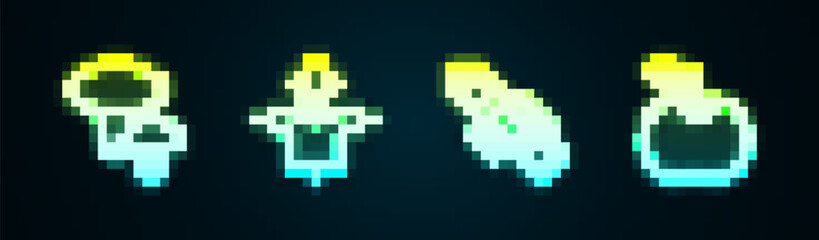 Obraz premium Set line Mushroom, Scarecrow, Winter scarf and Apple. Glowing neon icon. Vector