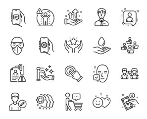 Vector set of Touchscreen gesture, Water care and Employees teamwork line icons set. Businessman person, App settings and Smile icons. Medical mask, Washing hands and Face accepted signs. Vector