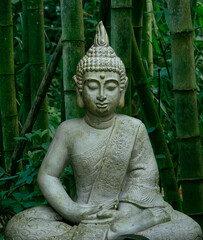 Sitting Buddha figurine mediating, situated in a sunny garden and surrounded by bamboo leaves